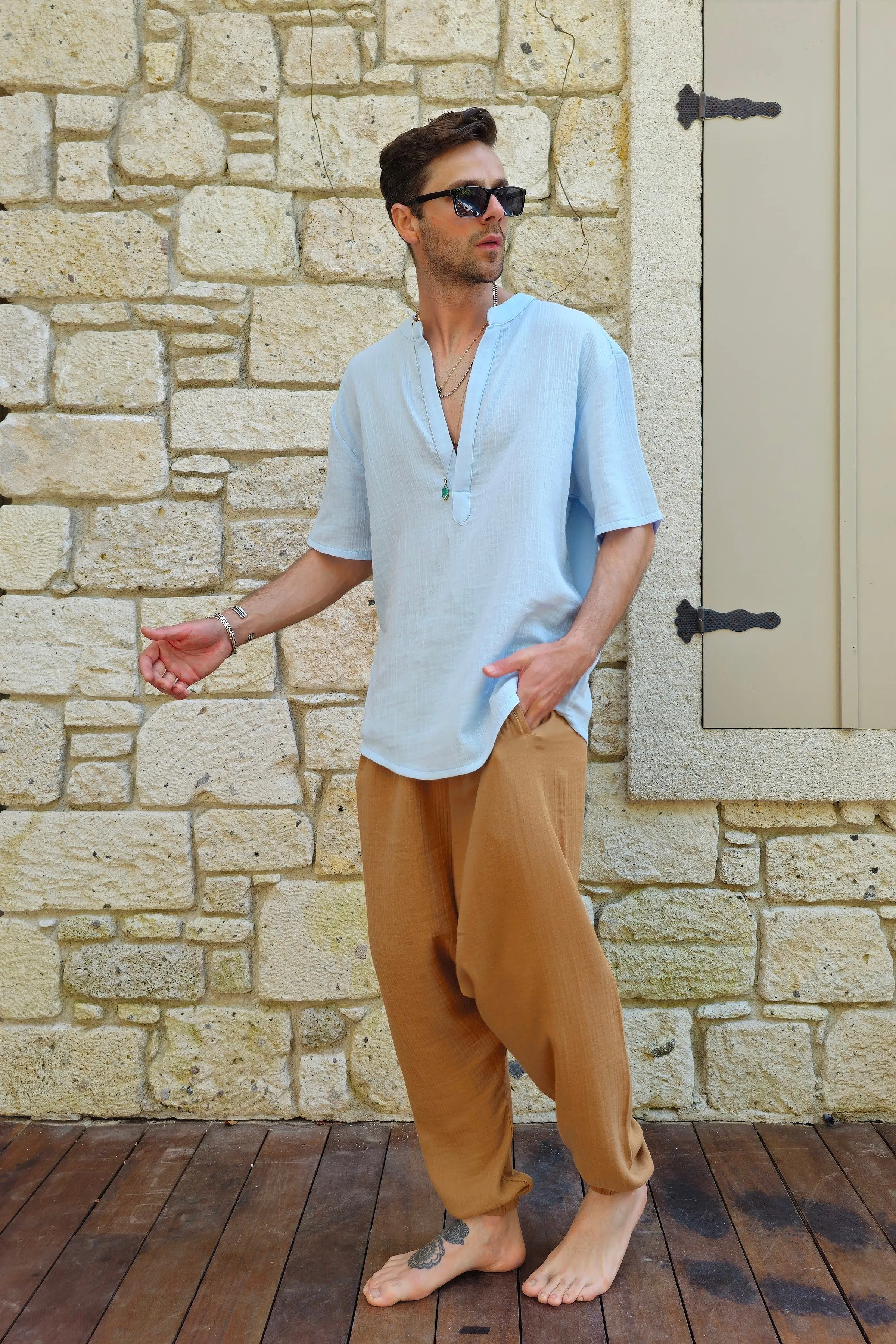 ARCHEUS Organic Cotton Double Gauze Shirt (Dark Blue, Baby Blue)
