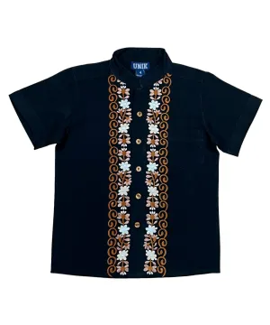 Boys Black Floral Guayabera button up shirt 4-14