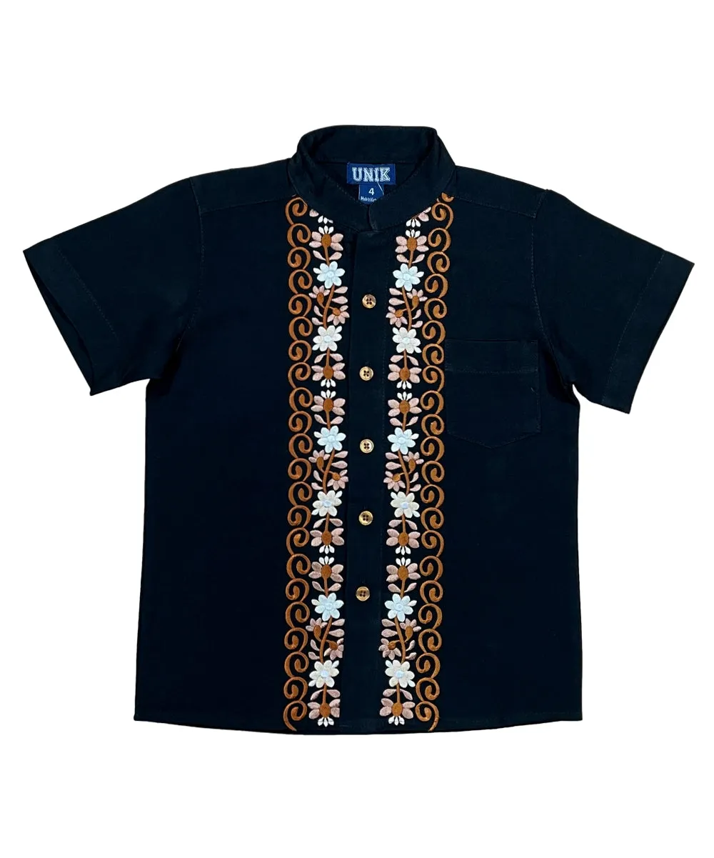 Boys Black Floral Guayabera button up shirt 4-14