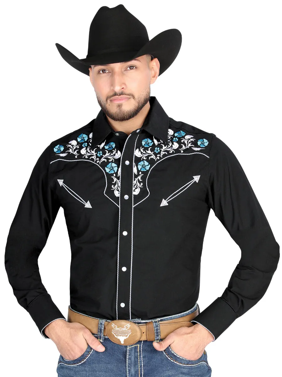 Camisa Vaquera Manga Larga Bordada Floral Negro para Hombre 'El General' - ID: 44909