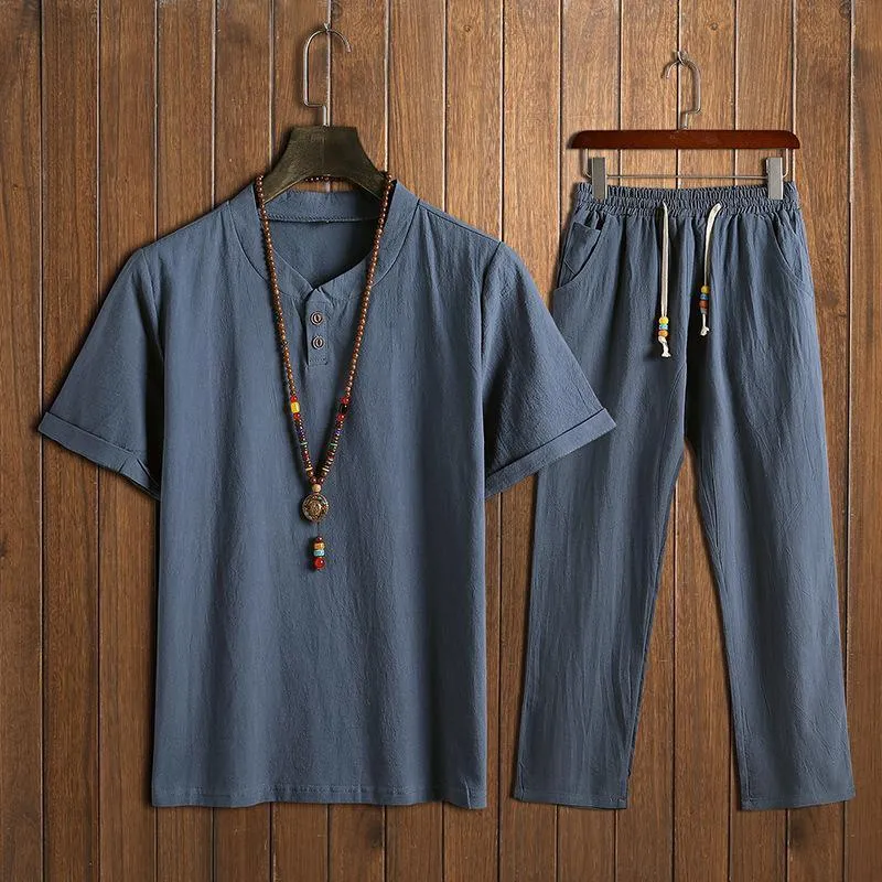 Chinese Man Style Tax Two Short Sleeve Buckle T-shirt   Trousers Two Pieces Random