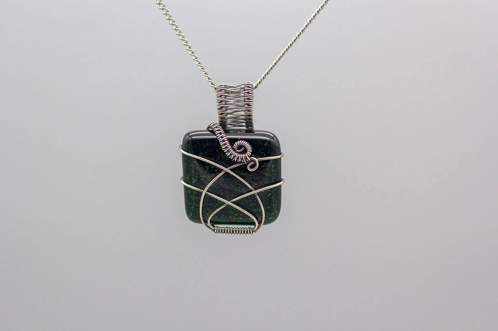 Glittery Dichroic Green Fused Glass and Sterling Silver Wire Wrapped Pendant