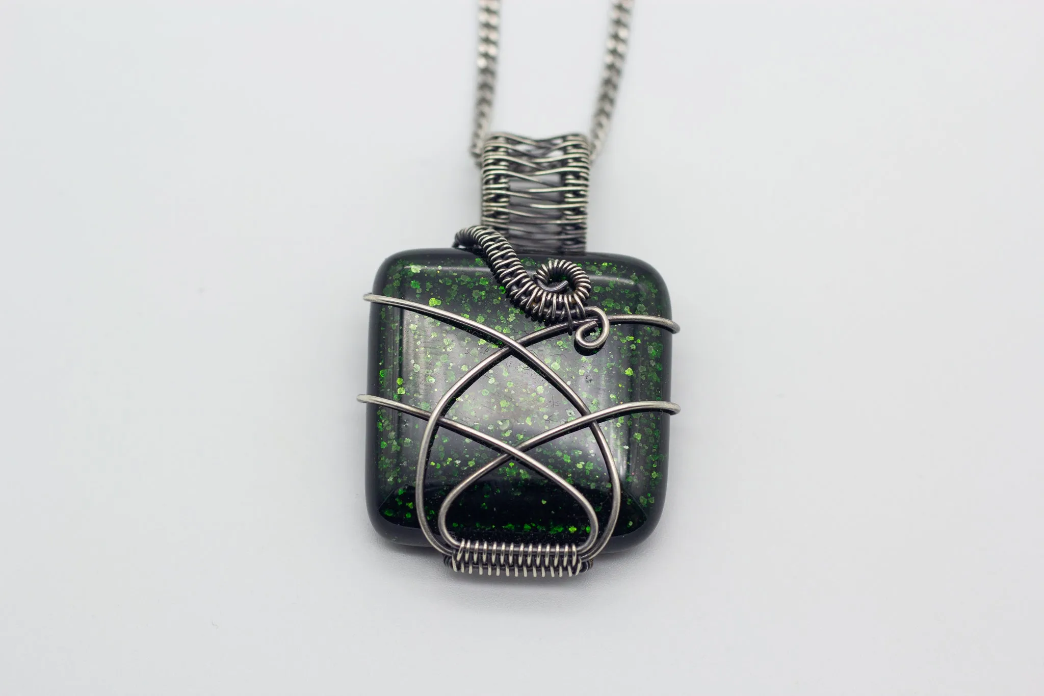 Glittery Dichroic Green Fused Glass and Sterling Silver Wire Wrapped Pendant