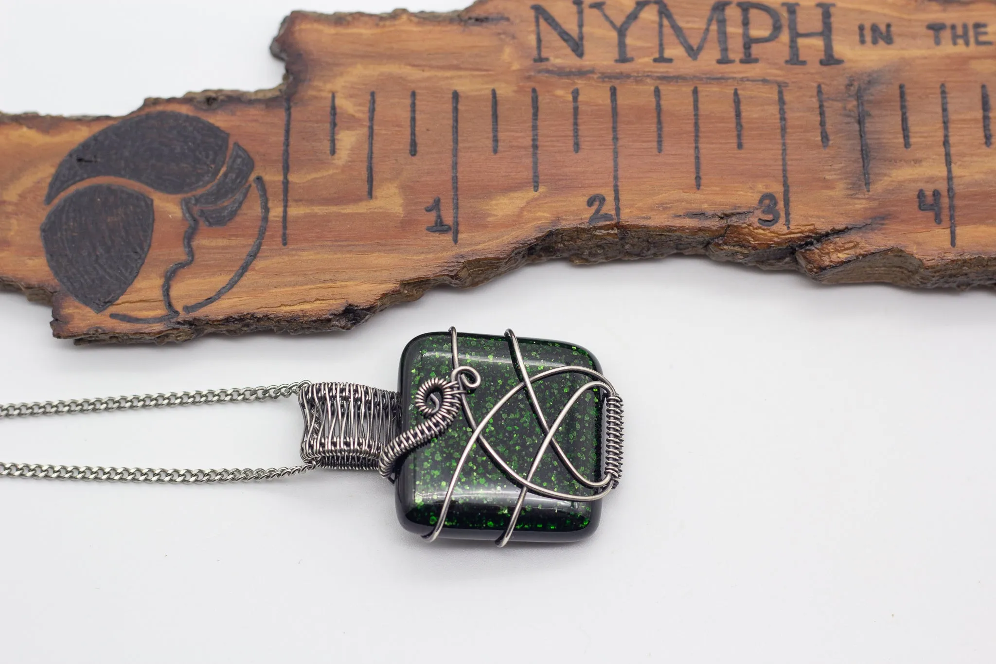 Glittery Dichroic Green Fused Glass and Sterling Silver Wire Wrapped Pendant
