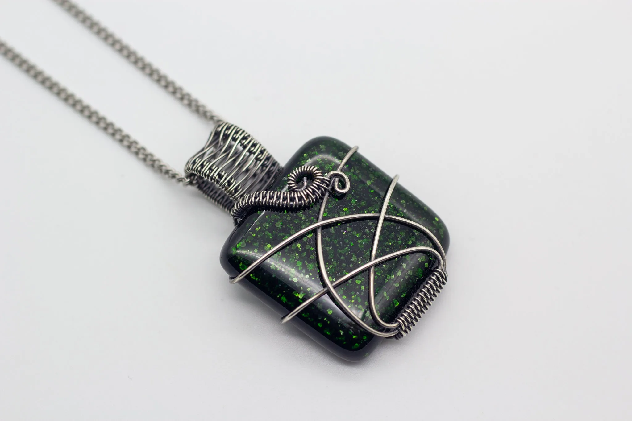 Glittery Dichroic Green Fused Glass and Sterling Silver Wire Wrapped Pendant