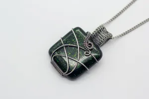 Glittery Dichroic Green Fused Glass and Sterling Silver Wire Wrapped Pendant