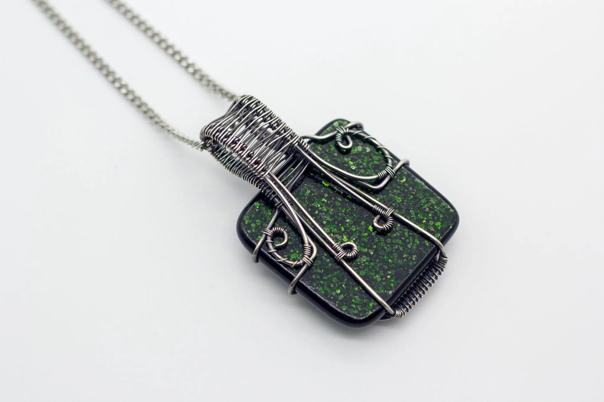 Glittery Dichroic Green Fused Glass and Sterling Silver Wire Wrapped Pendant