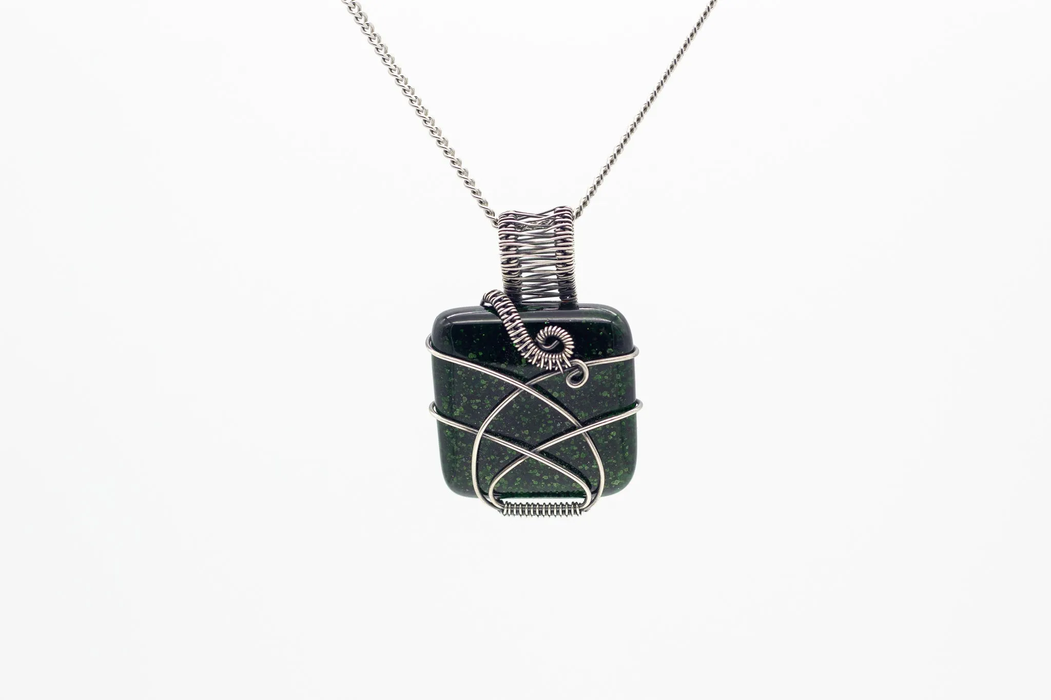 Glittery Dichroic Green Fused Glass and Sterling Silver Wire Wrapped Pendant