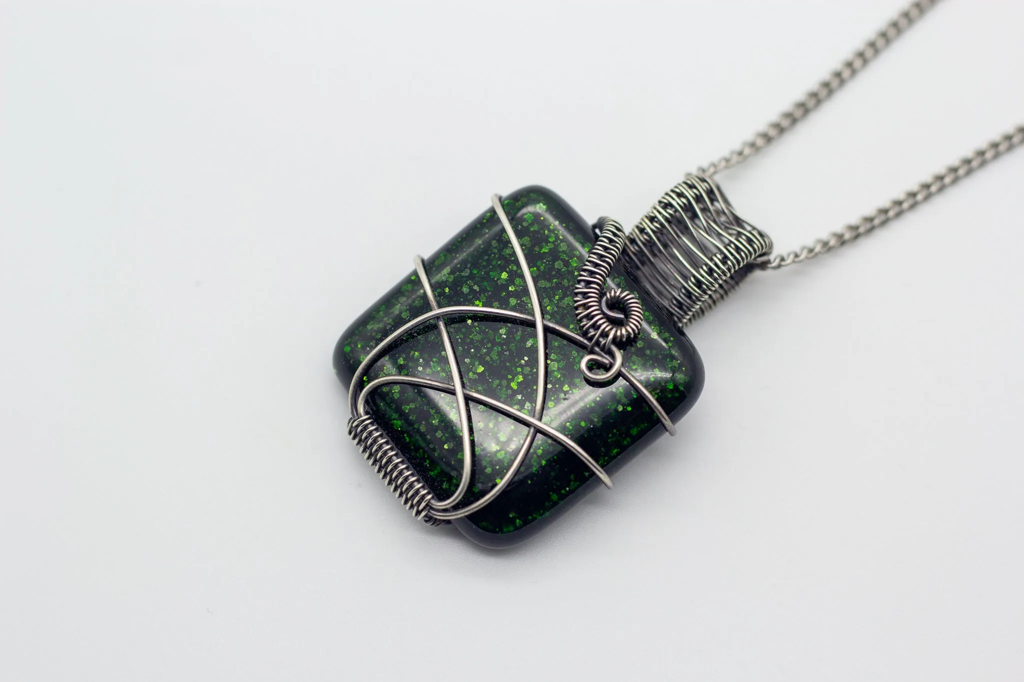 Glittery Dichroic Green Fused Glass and Sterling Silver Wire Wrapped Pendant
