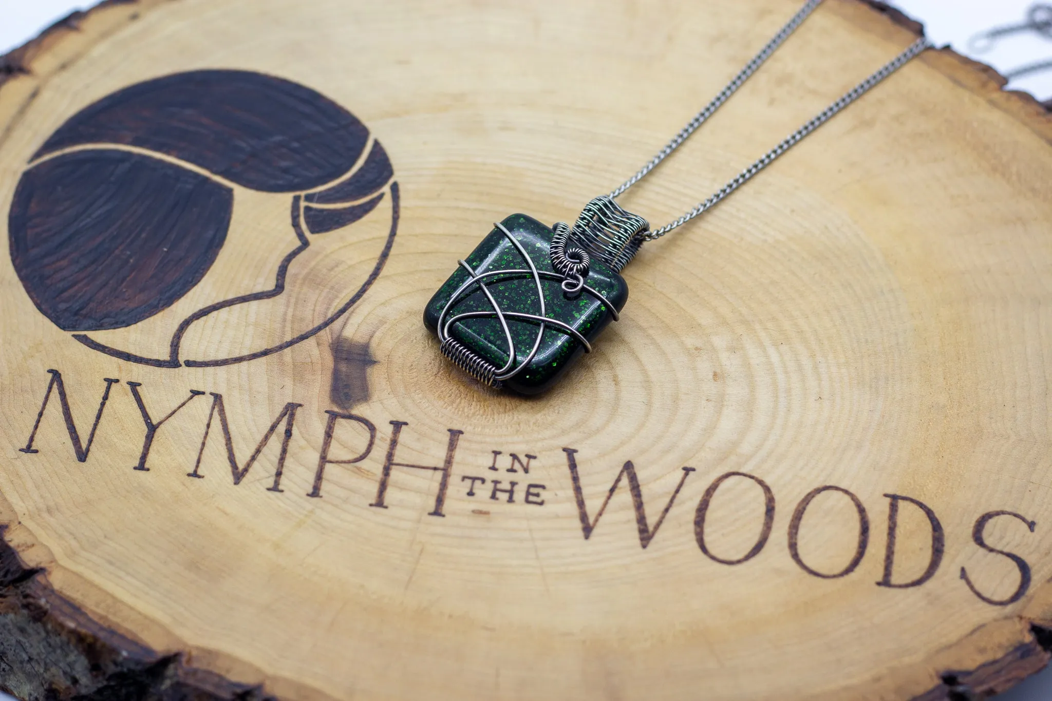 Glittery Dichroic Green Fused Glass and Sterling Silver Wire Wrapped Pendant