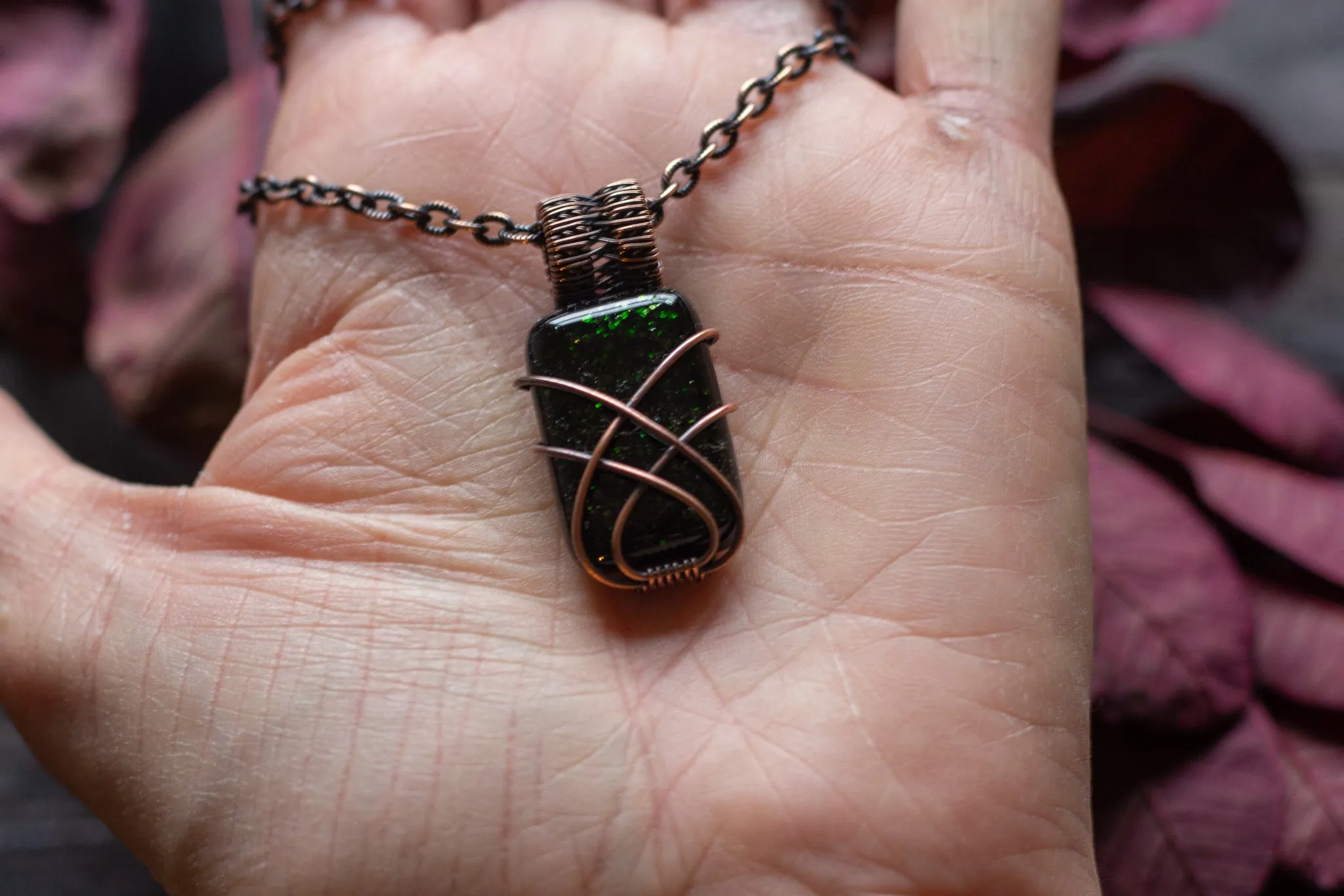 Glittery Dichroic Green Glass Pendant with Copper Wire Wrapping