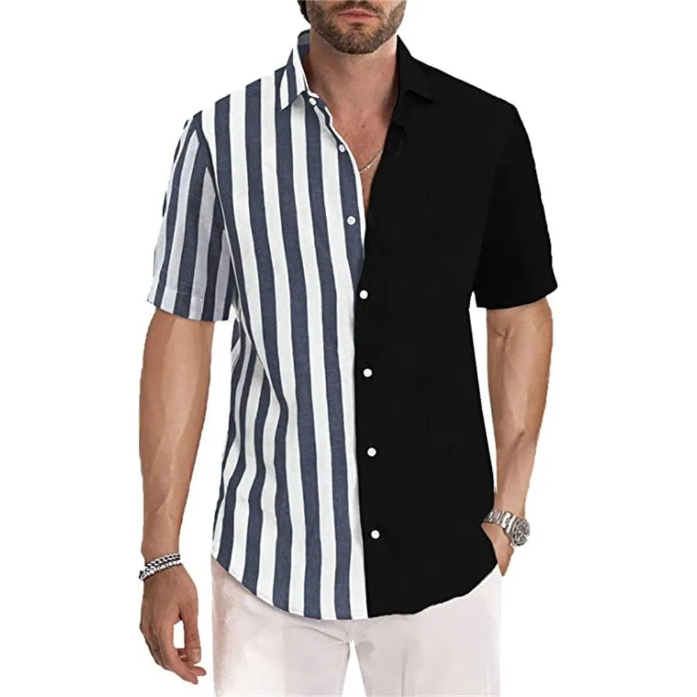 INSTOCK-Men's Short Sleeve Half Striped Lapel Shirt