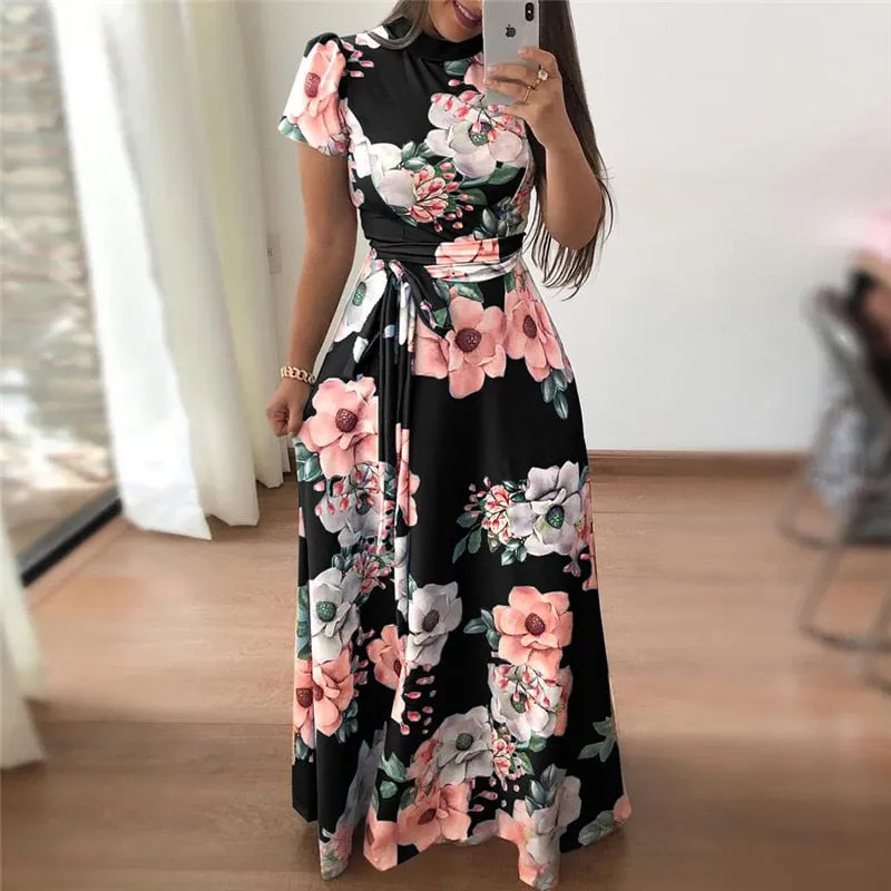 Jerri Lane Boho Floral Print Short Sleeve Maxi Dress