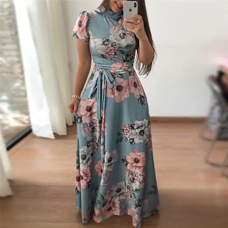 Jerri Lane Boho Floral Print Short Sleeve Maxi Dress