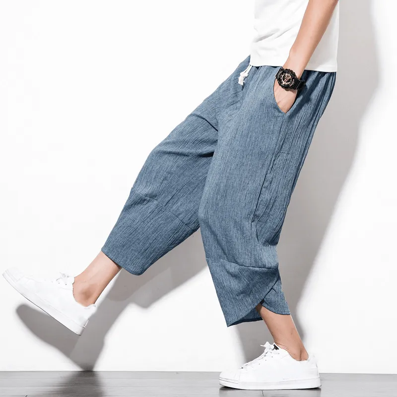 Linen Pants Summer Men'S Cropped Shorts Youth Wide