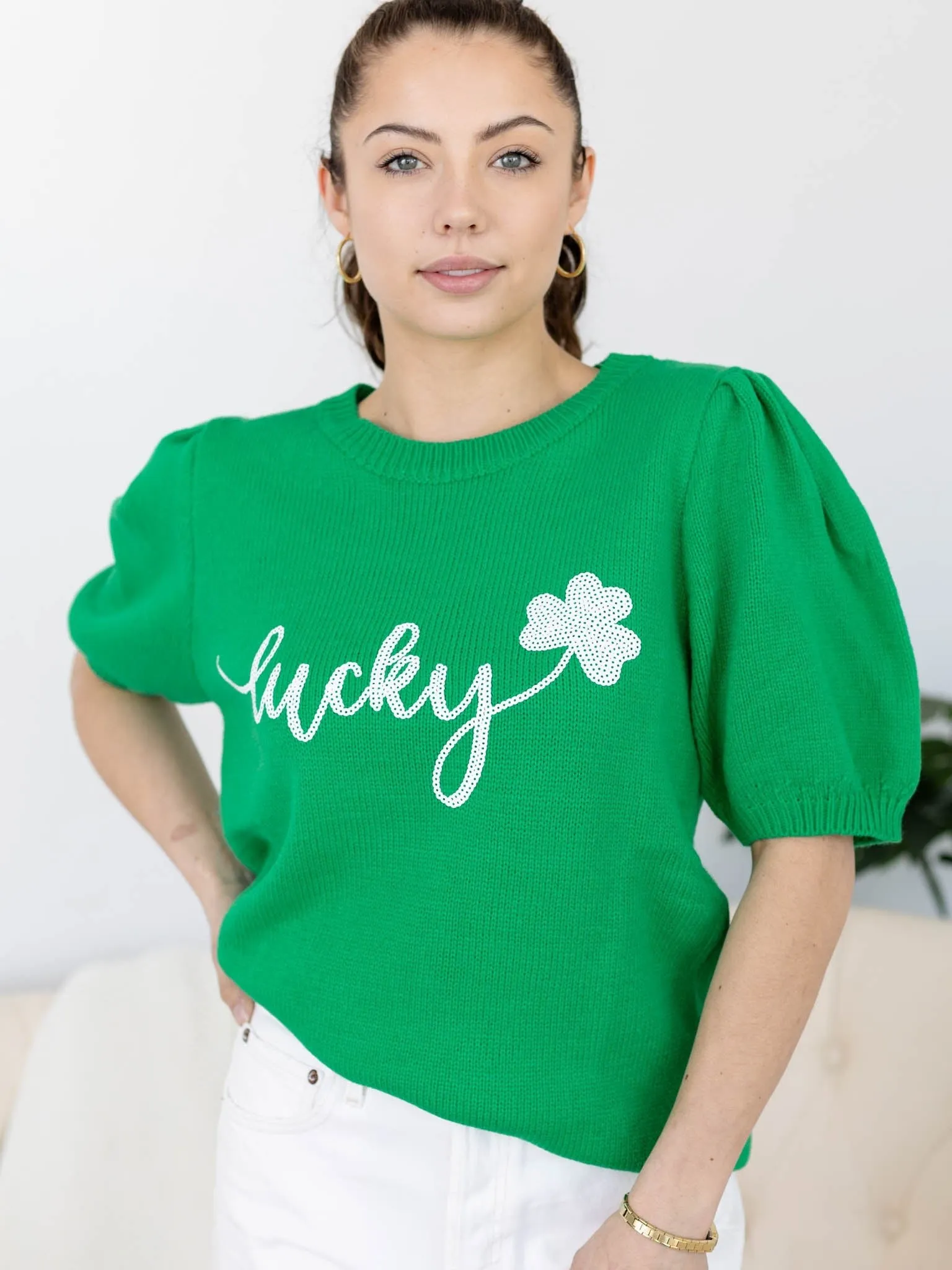 Lucky Sequins Embroidered Short Sleeve Knit