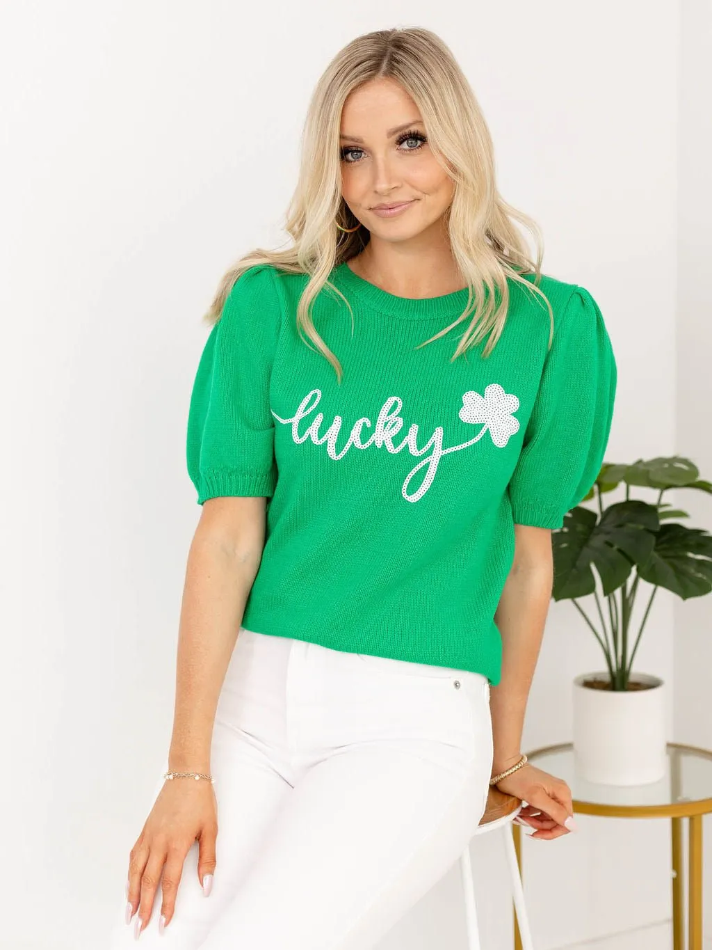 Lucky Sequins Embroidered Short Sleeve Knit