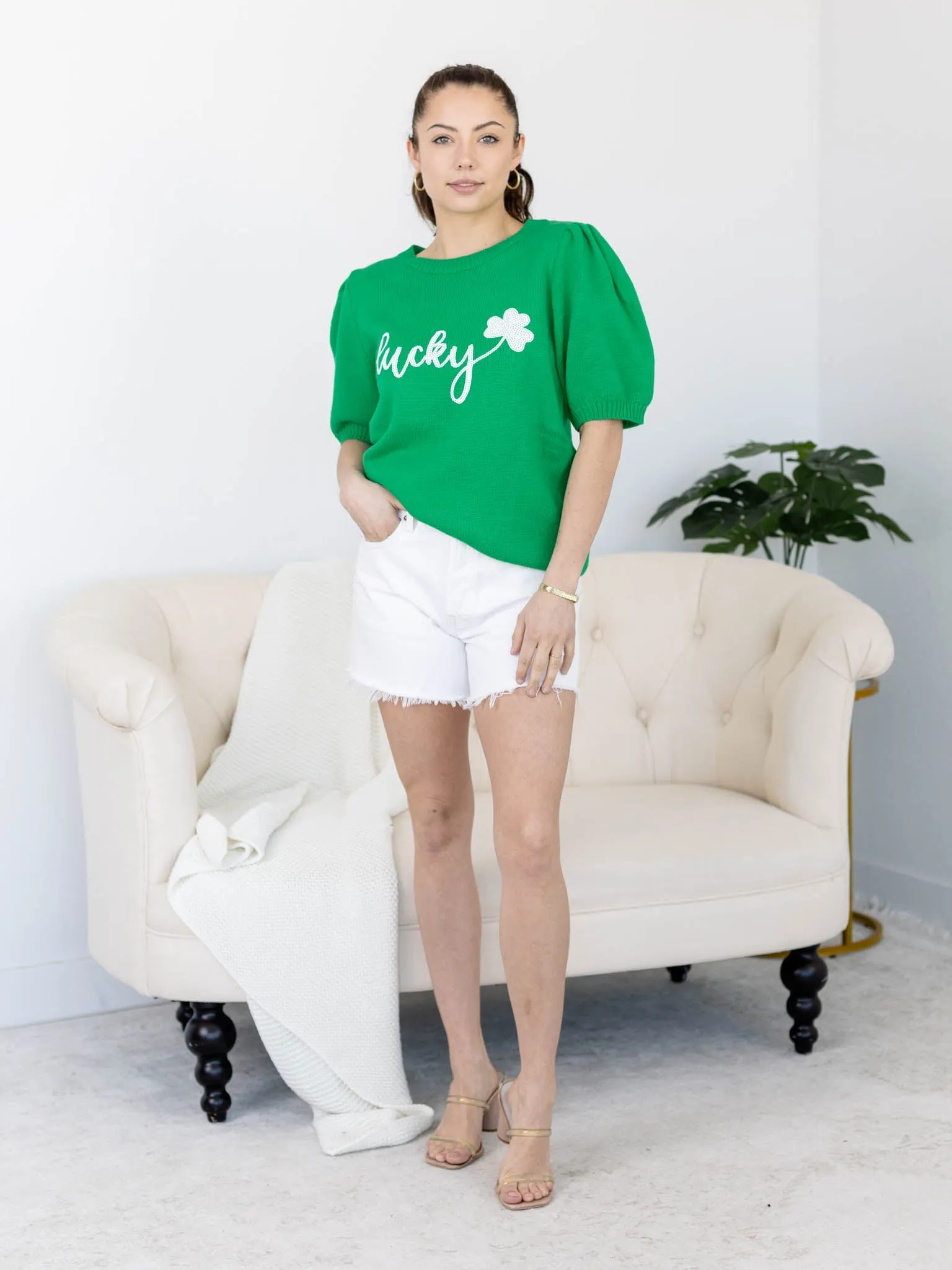Lucky Sequins Embroidered Short Sleeve Knit