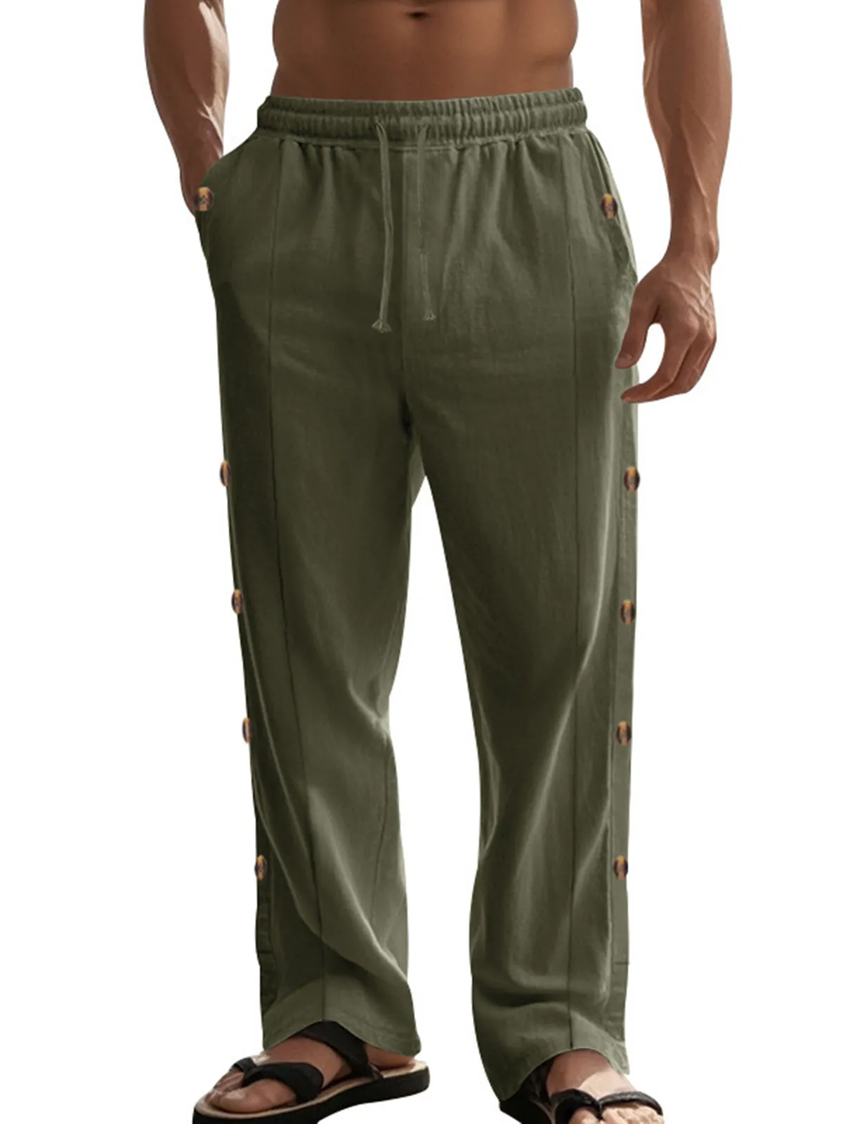 Men's Drawstring Linen Waist Side Buckle Solid Color Comfortable Daily Casual Straight Trousers