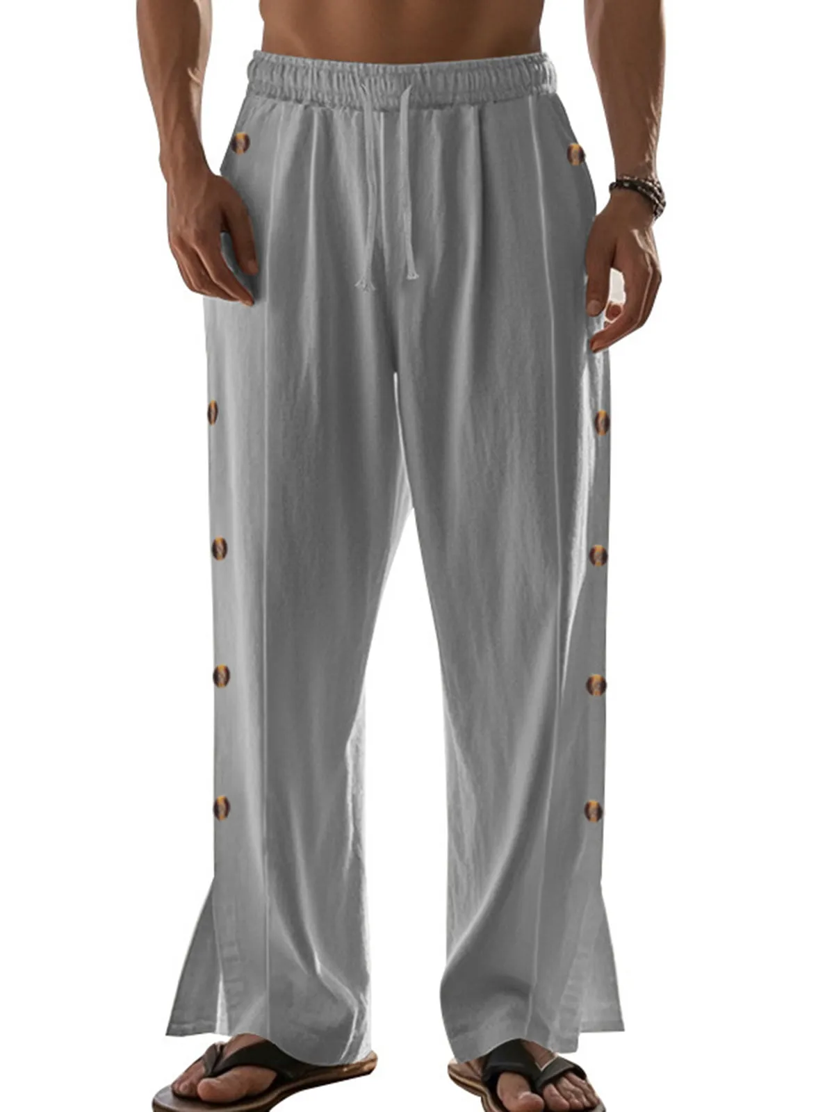 Men's Drawstring Linen Waist Side Buckle Solid Color Comfortable Daily Casual Straight Trousers