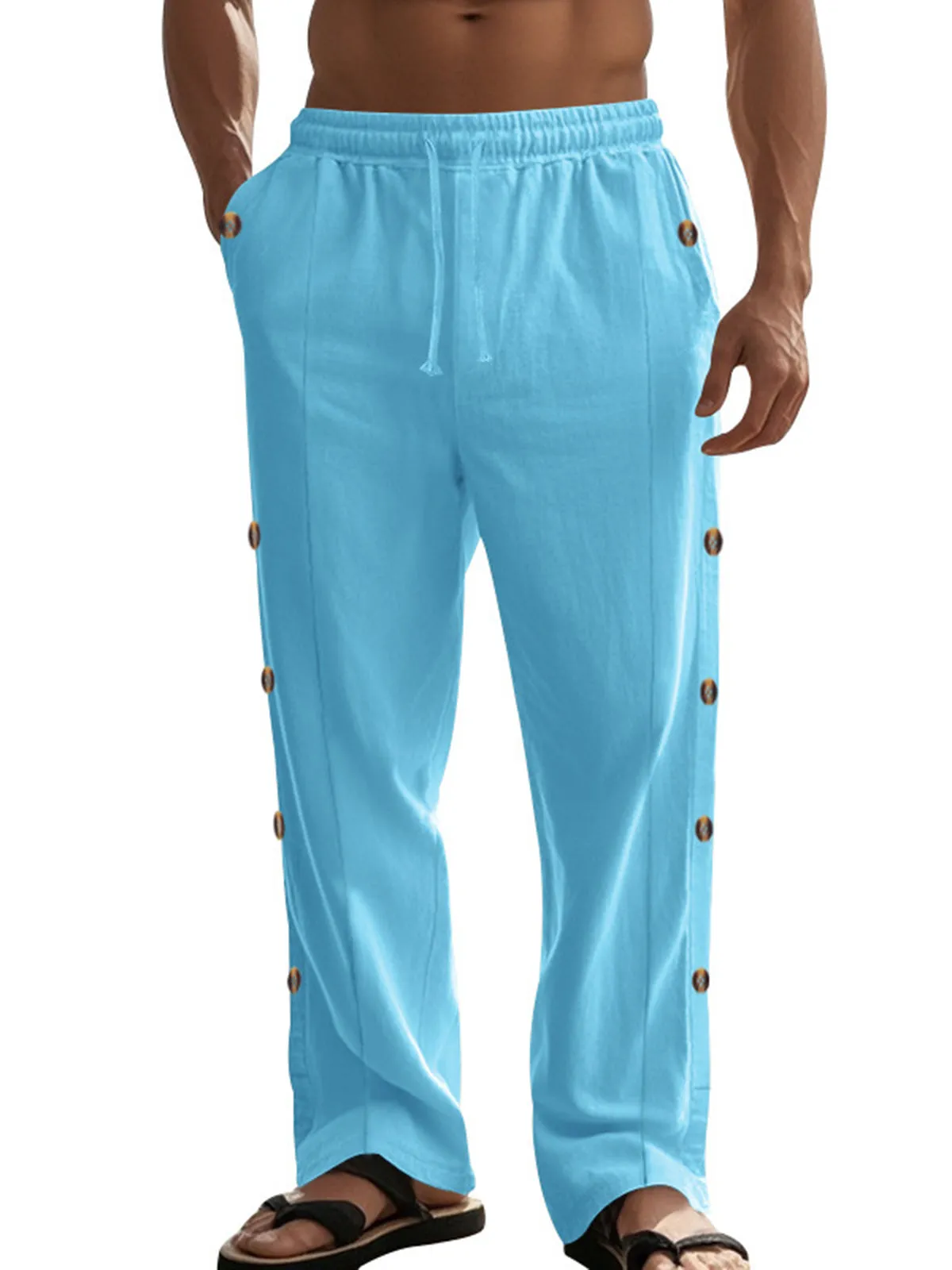 Men's Drawstring Linen Waist Side Buckle Solid Color Comfortable Daily Casual Straight Trousers
