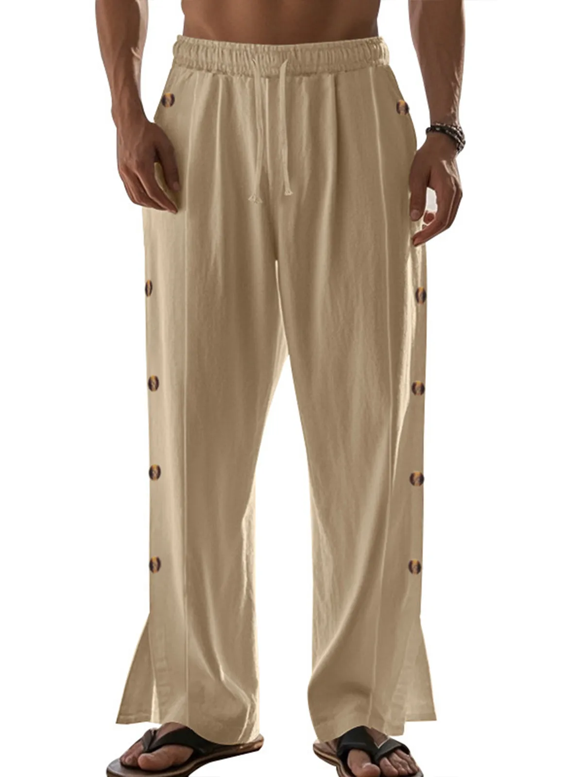 Men's Drawstring Linen Waist Side Buckle Solid Color Comfortable Daily Casual Straight Trousers