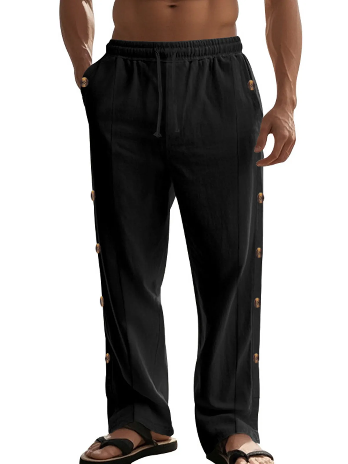 Men's Drawstring Linen Waist Side Buckle Solid Color Comfortable Daily Casual Straight Trousers