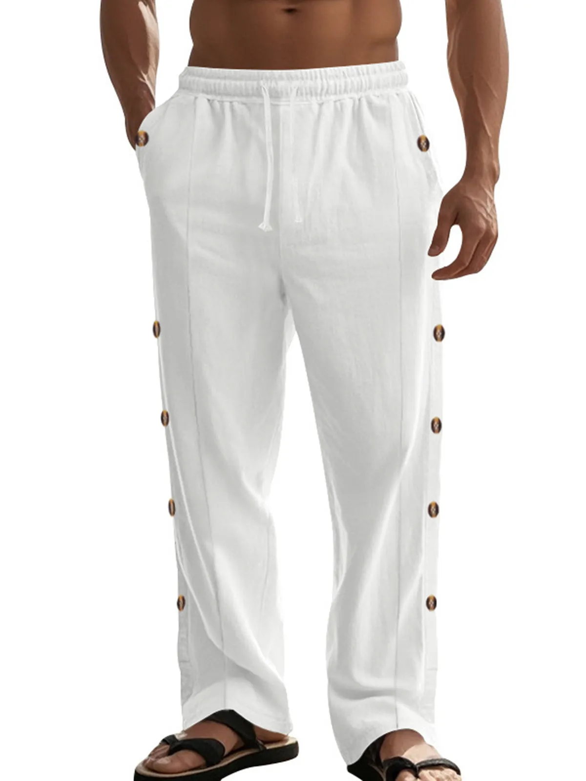 Men's Drawstring Linen Waist Side Buckle Solid Color Comfortable Daily Casual Straight Trousers