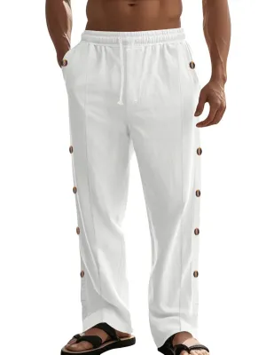 Men's Drawstring Linen Waist Side Buckle Solid Color Comfortable Daily Casual Straight Trousers