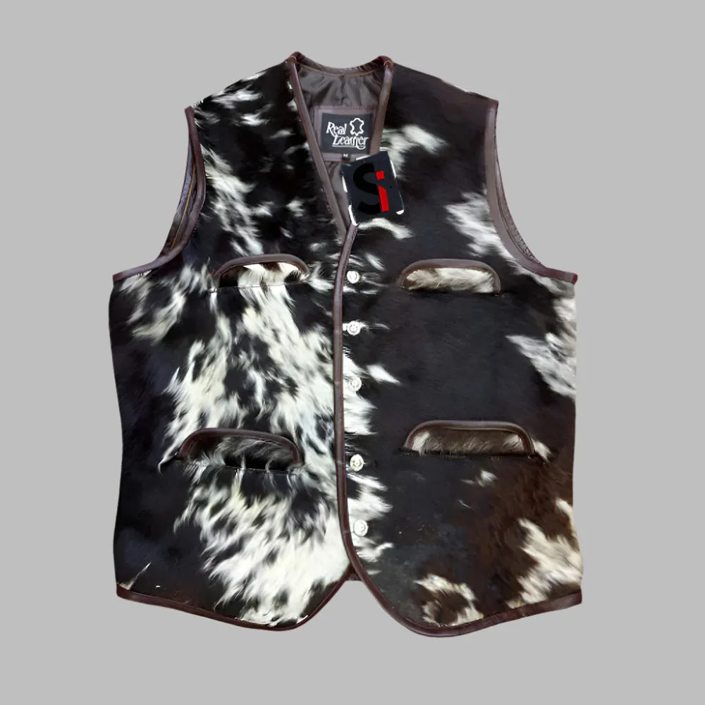 Men’s Genuine Cowhide Leather Vest – Black & White Natural Hair-On Waistcoat | Western & Biker Style