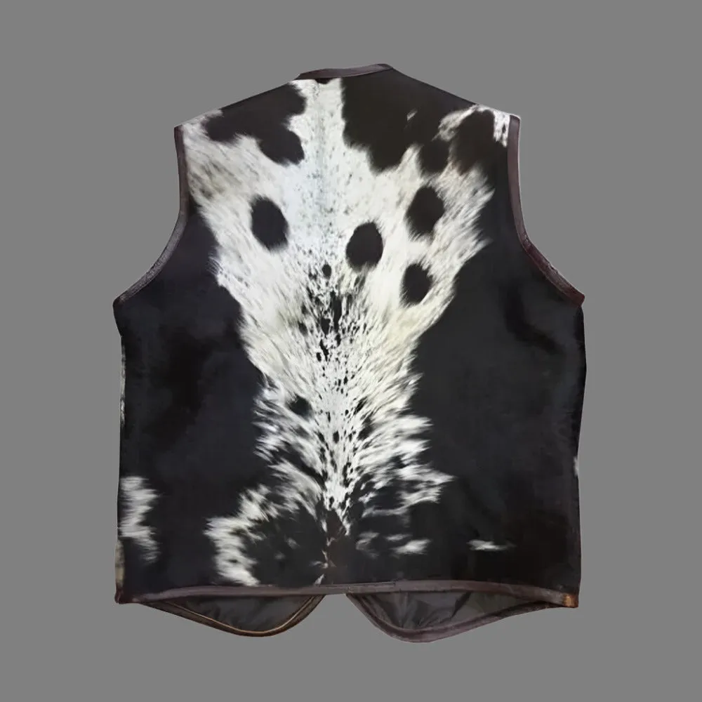 Men’s Genuine Cowhide Leather Vest – Black & White Natural Hair-On Waistcoat | Western & Biker Style