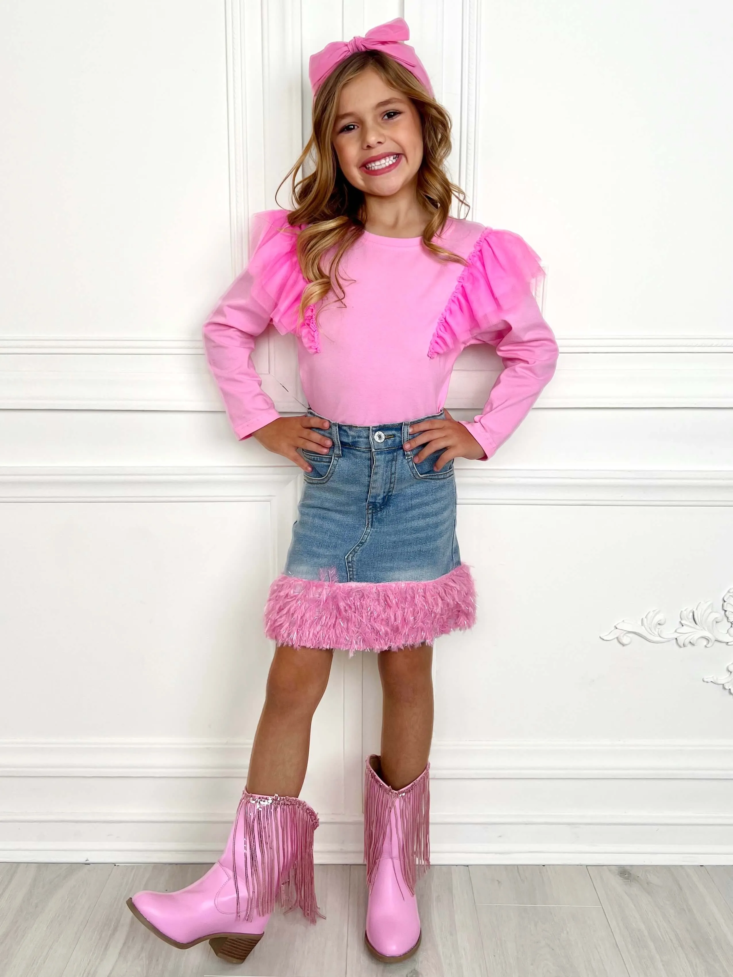 Pink Ruffle Top and Feather Trim Denim Skirt Set