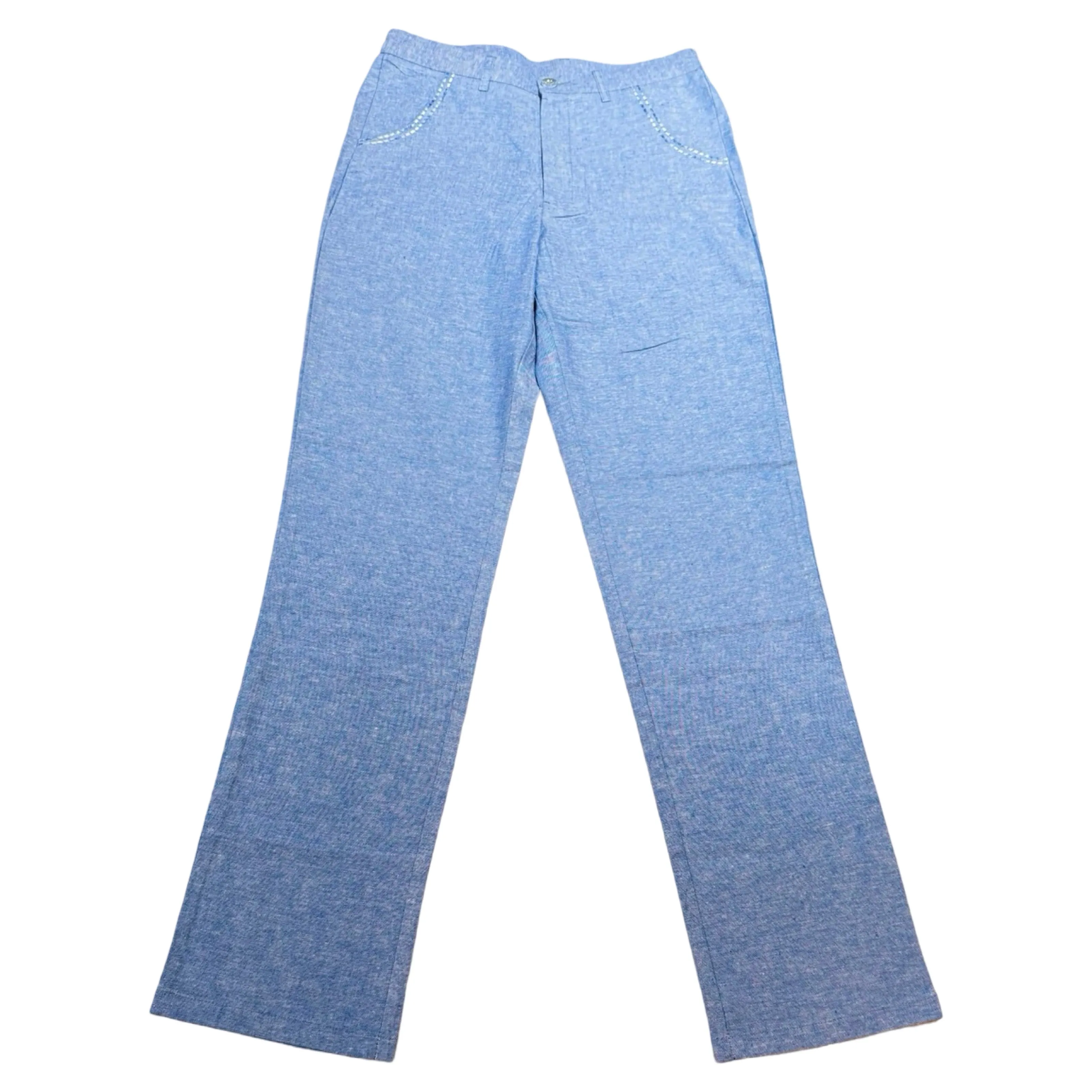 Prestige Blue Linen Dress Pants with Contrast Stitching