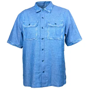 Prestige Blue Linen Short-Sleeve Shirt with Contrast Stitching
