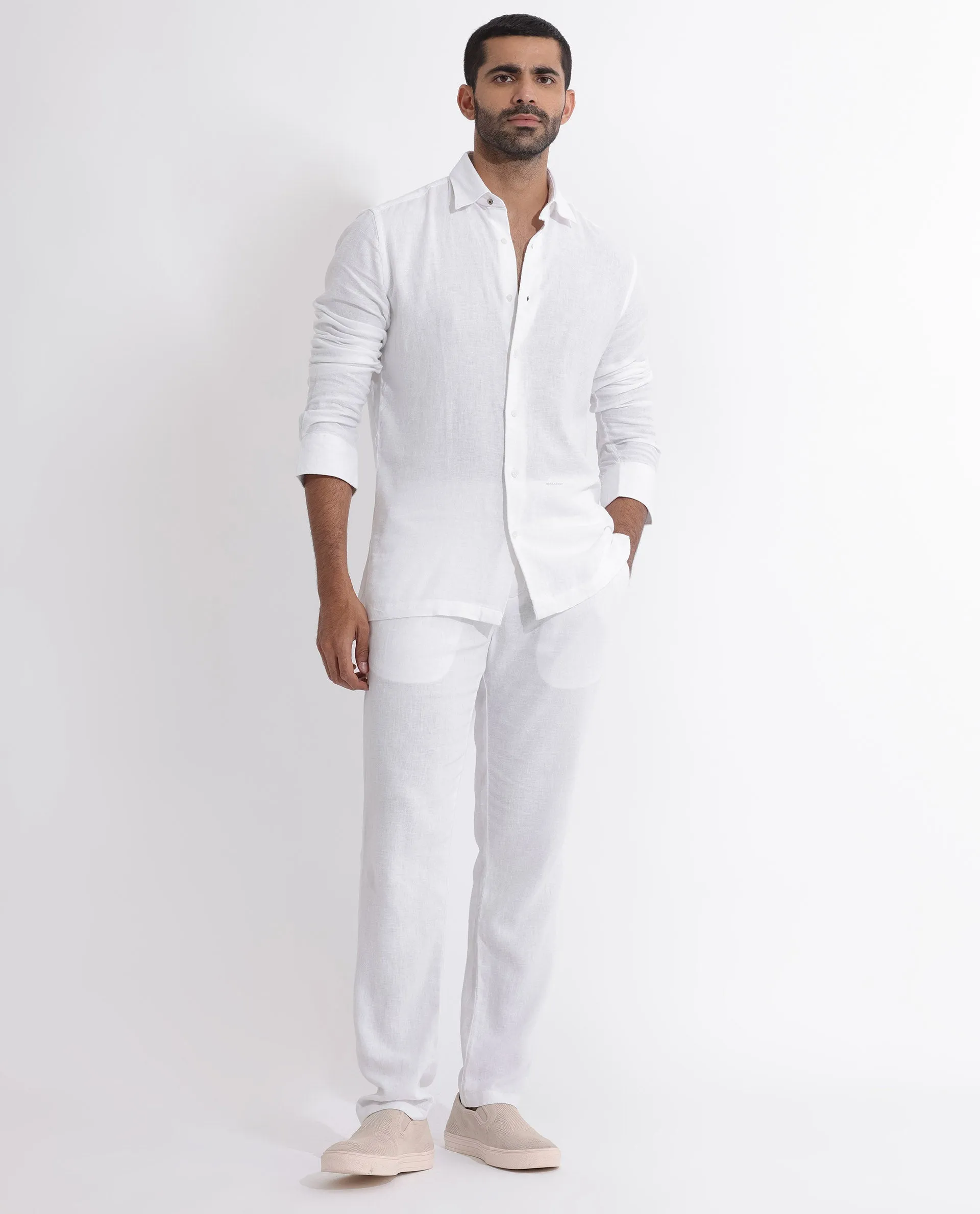 Rare Rabbit Men's Lunet White Linen Full Sleeves Solid Shirt