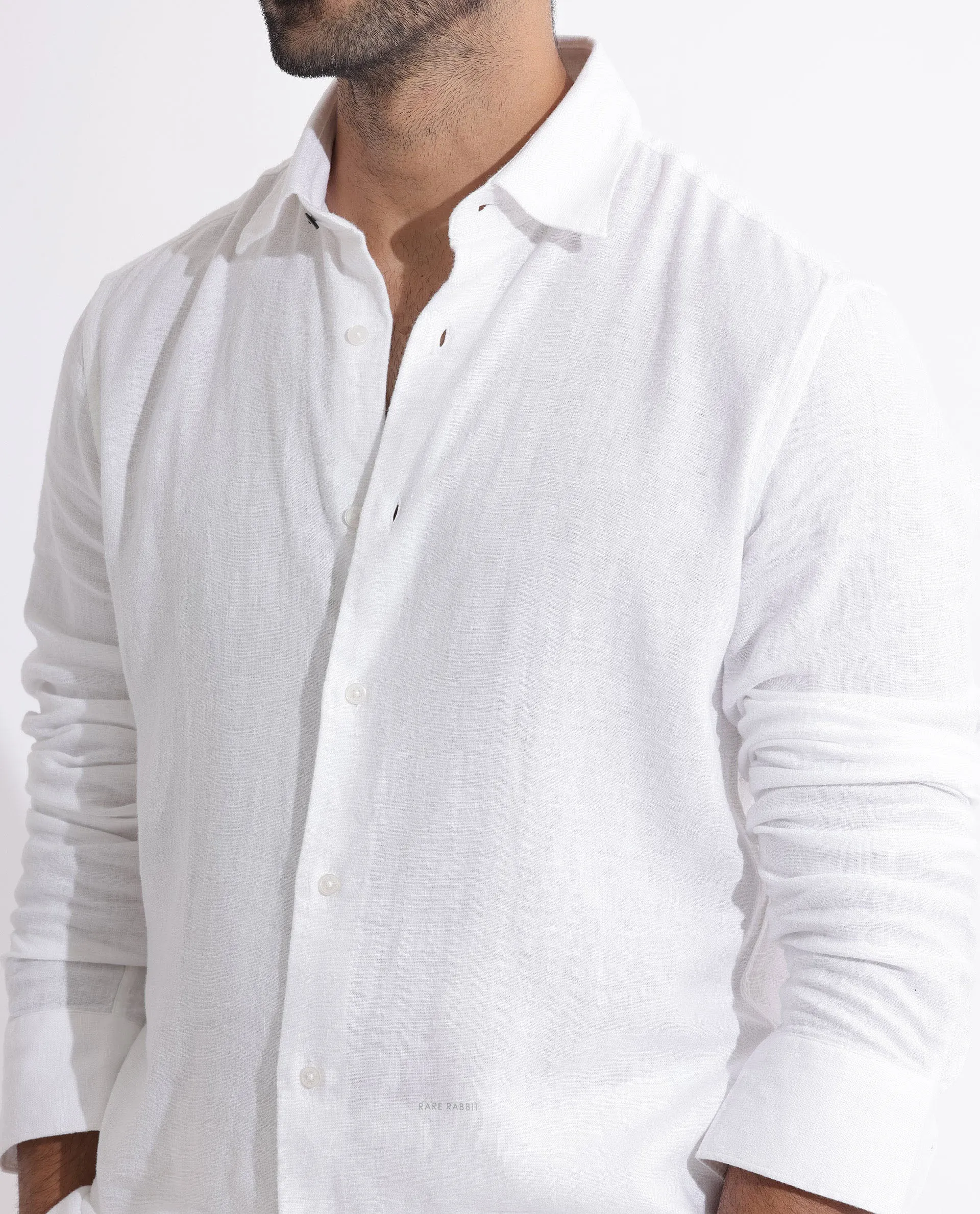 Rare Rabbit Men's Lunet White Linen Full Sleeves Solid Shirt