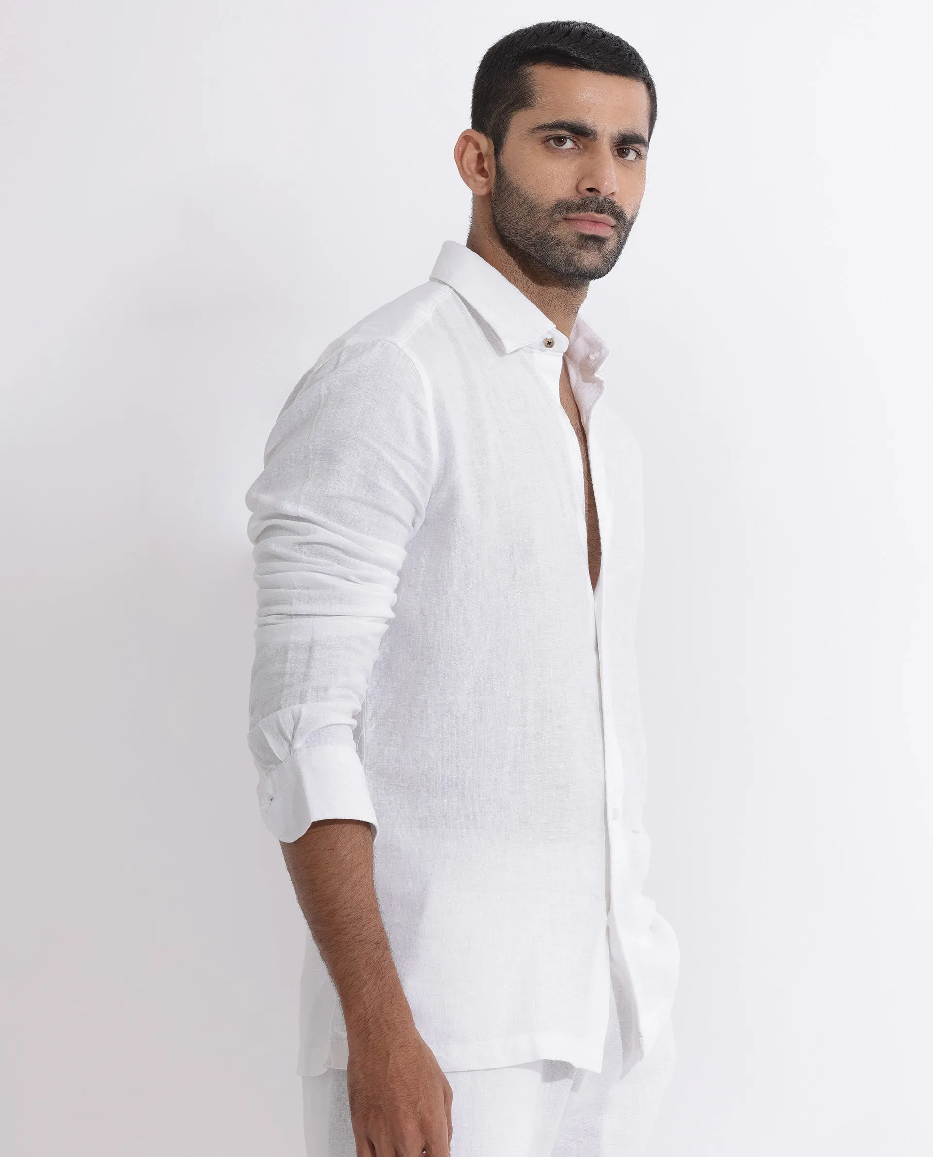 Rare Rabbit Men's Lunet White Linen Full Sleeves Solid Shirt