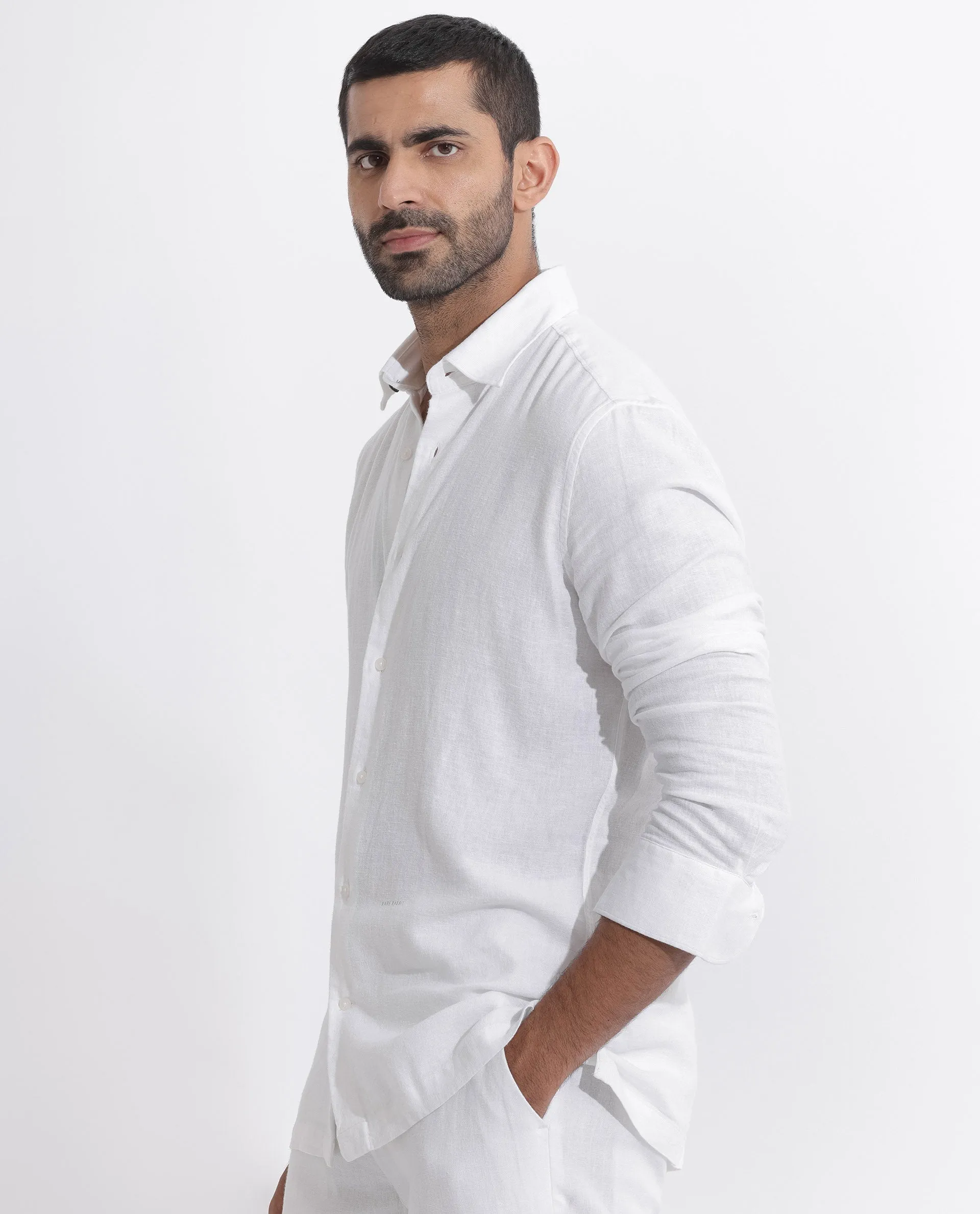 Rare Rabbit Men's Lunet White Linen Full Sleeves Solid Shirt