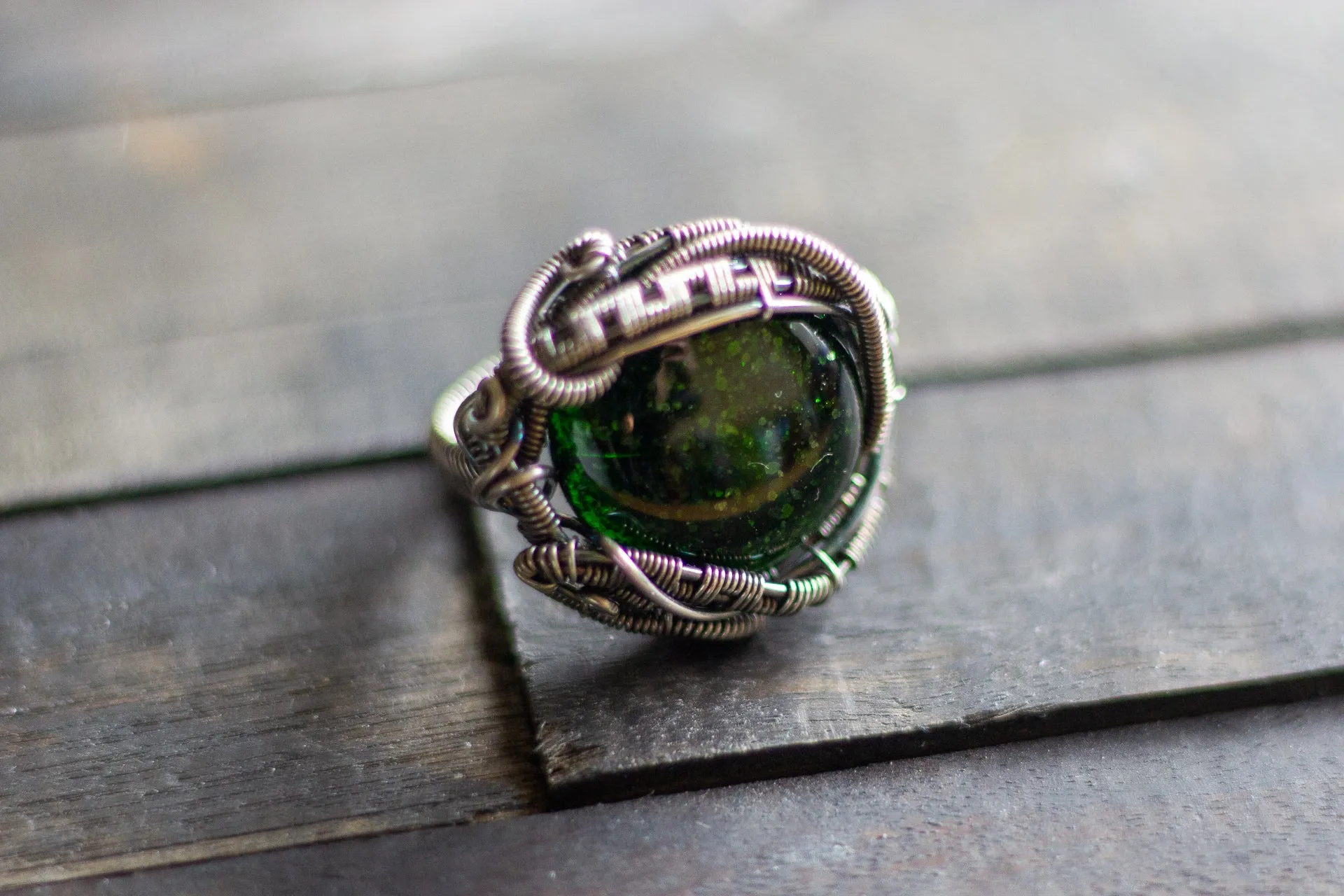 Sterling Silver Wire Wrapped Statement Ring with Glittery Green Dichroic Fused Glass