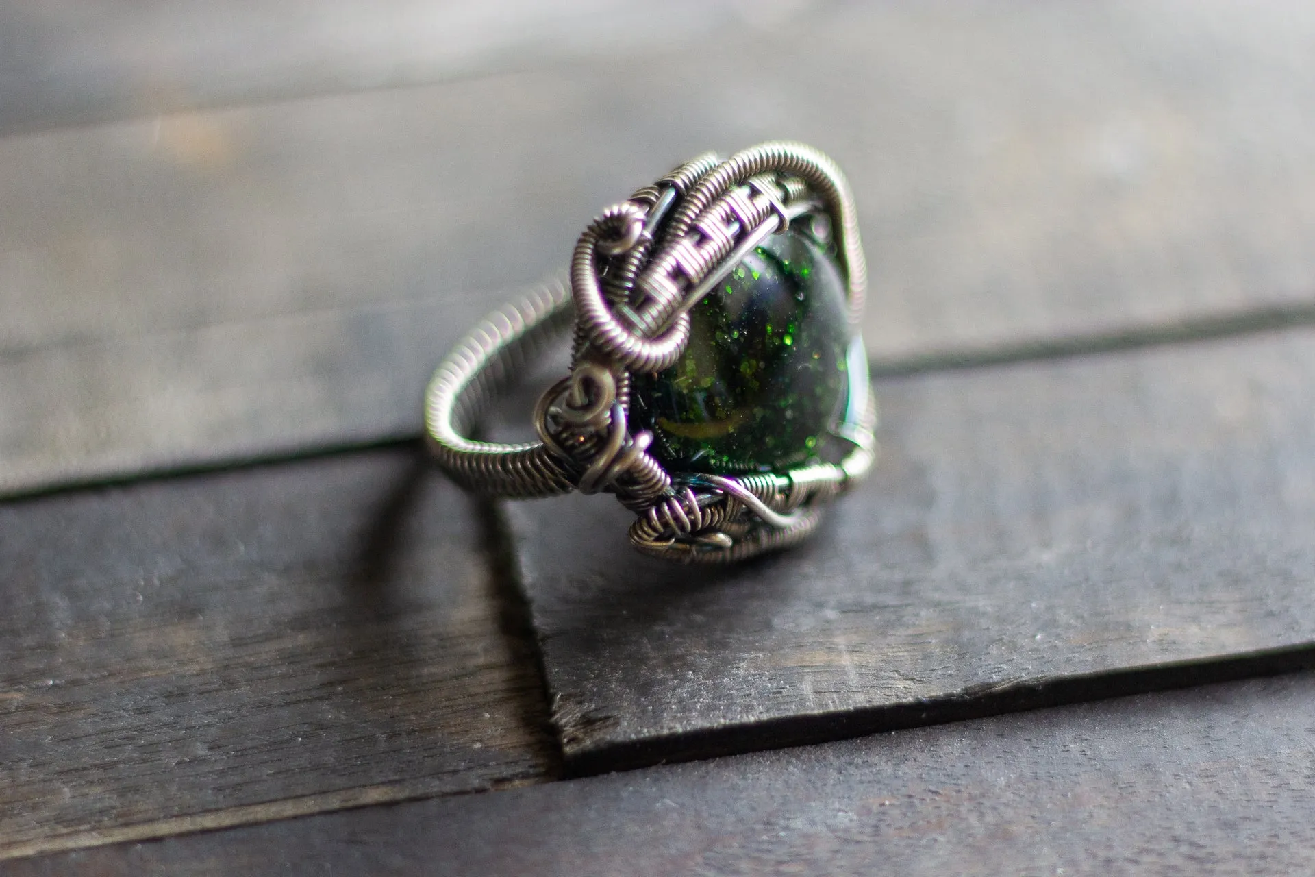 Sterling Silver Wire Wrapped Statement Ring with Glittery Green Dichroic Fused Glass