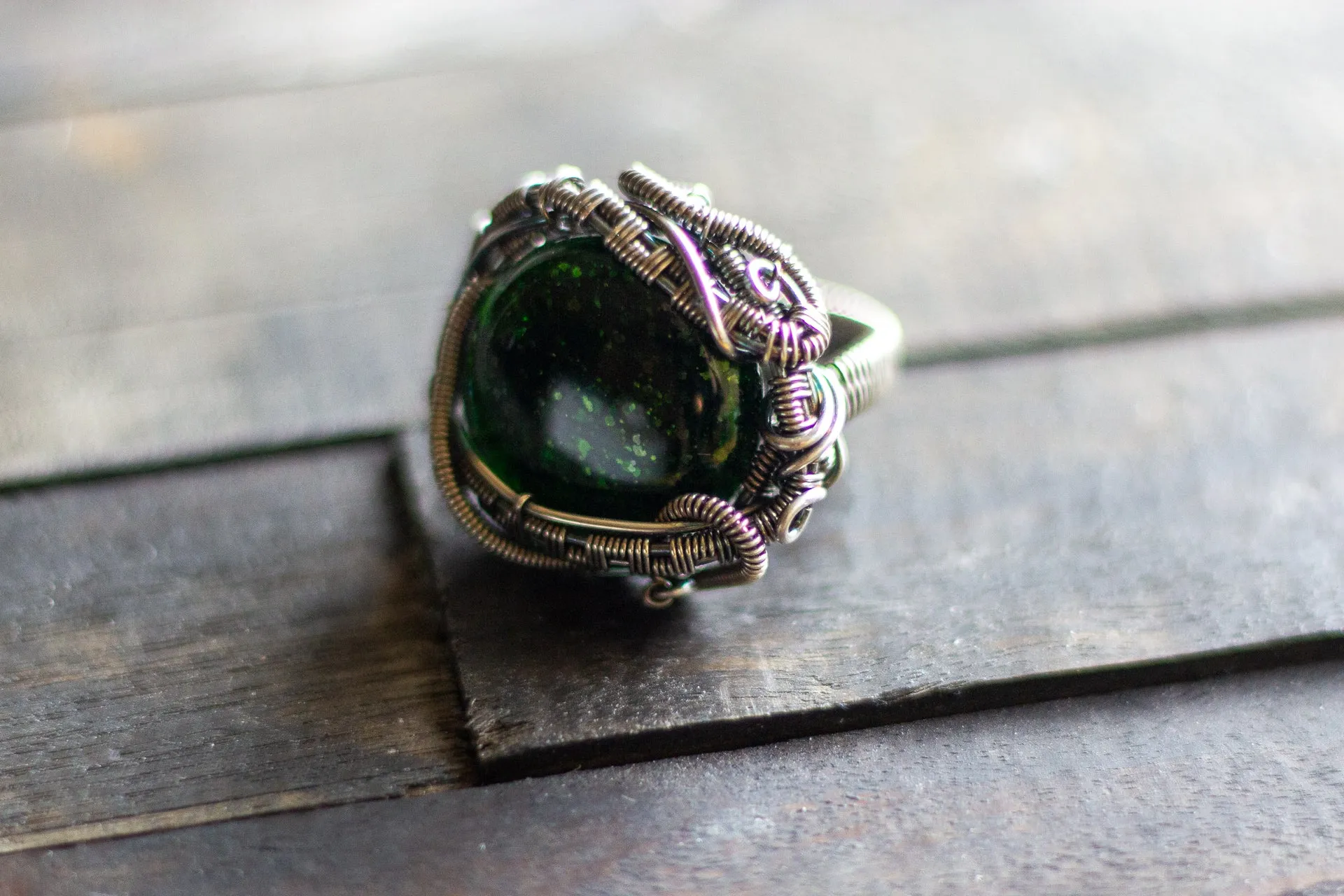 Sterling Silver Wire Wrapped Statement Ring with Glittery Green Dichroic Fused Glass
