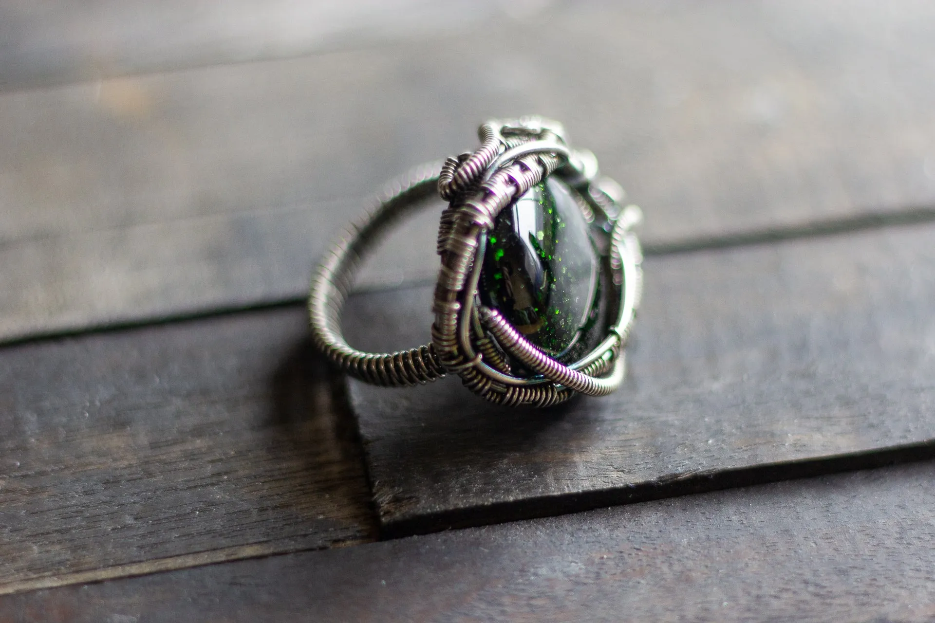 Sterling Silver Wire Wrapped Statement Ring with Glittery Green Dichroic Fused Glass