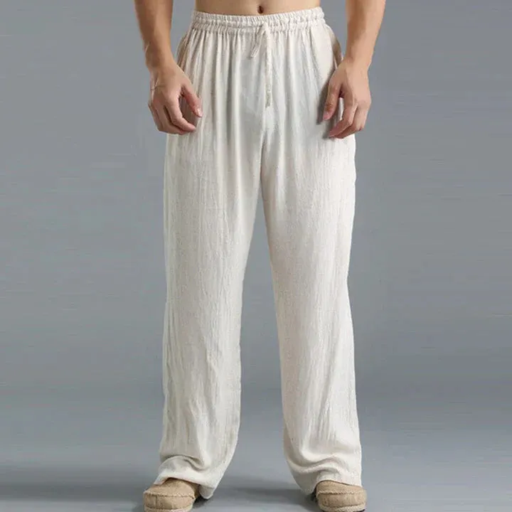 Summer trousers - linen men's straight-leg trousers with loose fit and drawstring waist