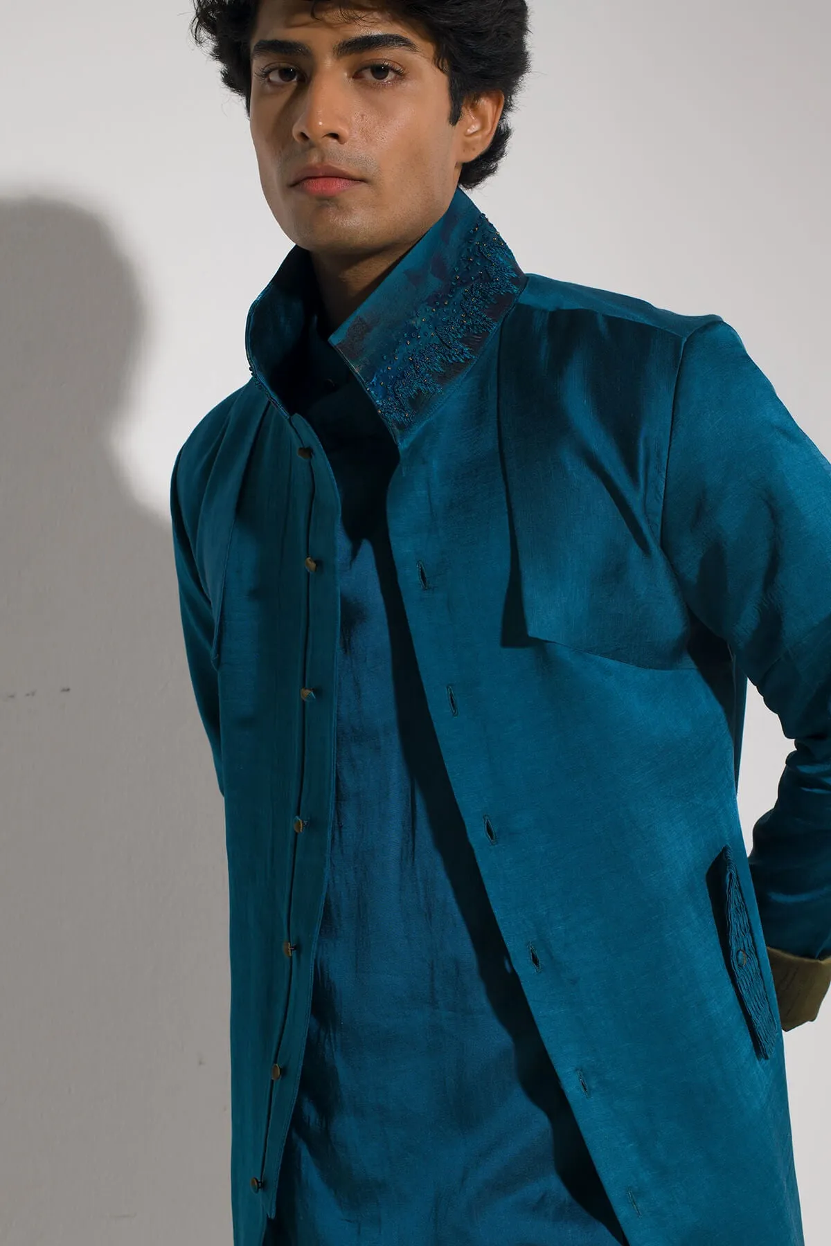 Teal blue shacket and trouser set