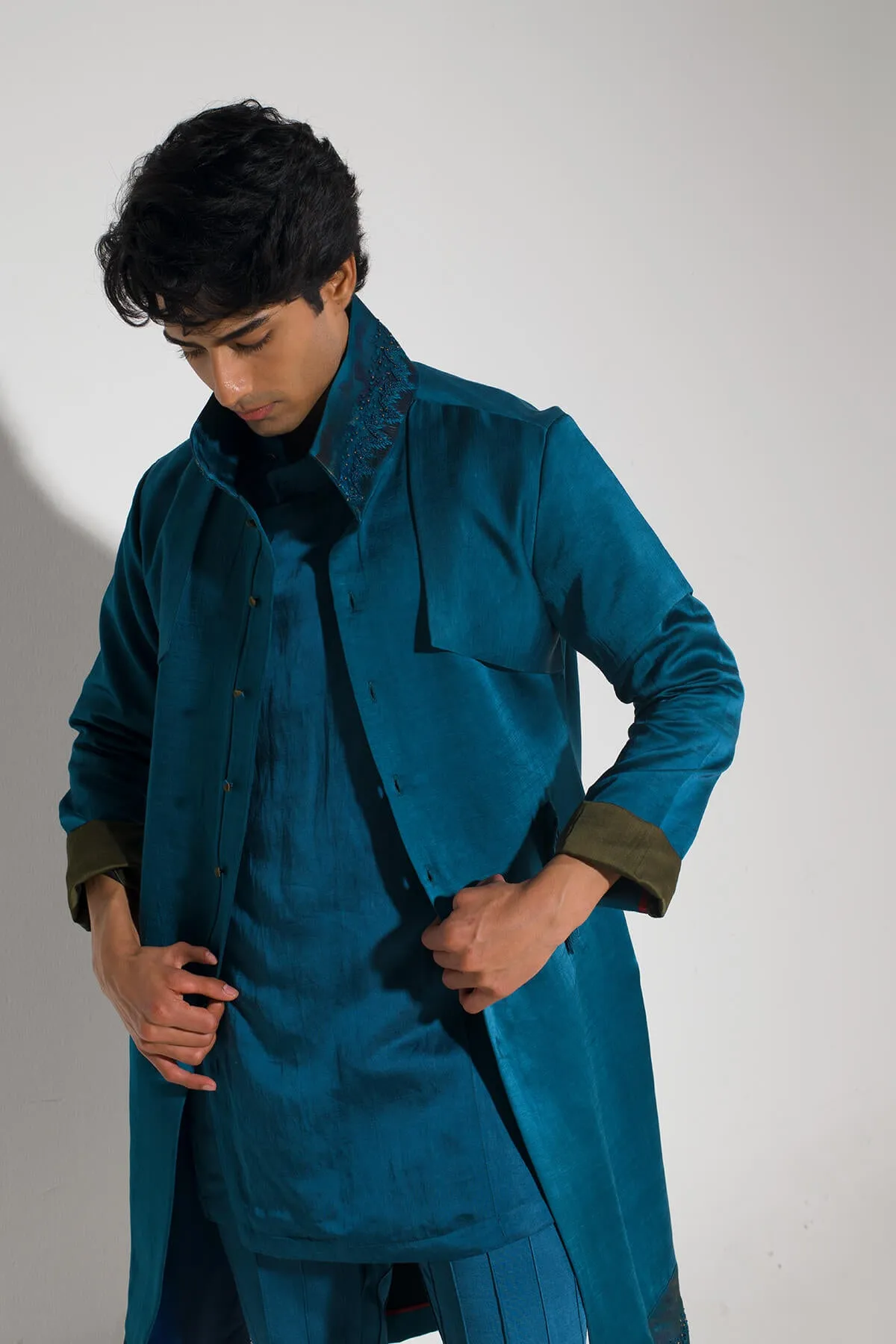 Teal blue shacket and trouser set