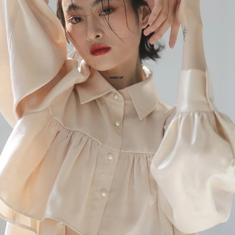 Women White Short Ruffles Big Size Blouse New Lapel